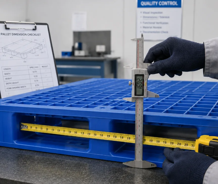 worker measuring plastic pallet dimensions with caliper and tape measure