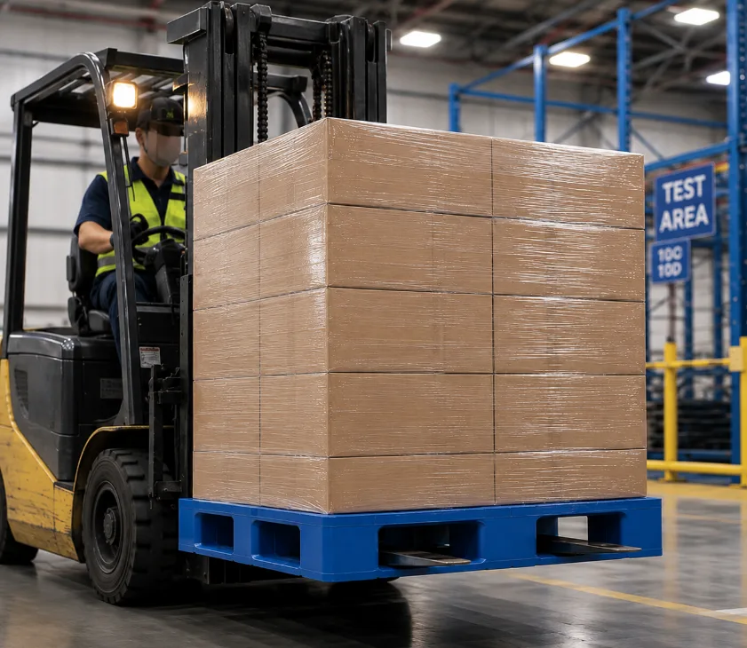 forklift handling loaded plastic pallet during dynamic load test