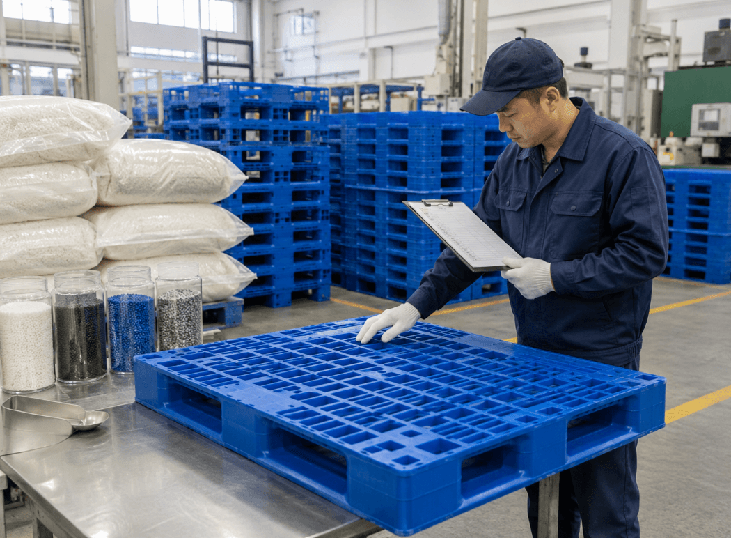 factory worker checking finished blue plastic pallets before shipment