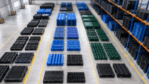modern warehouse aisle with organized plastic pallets