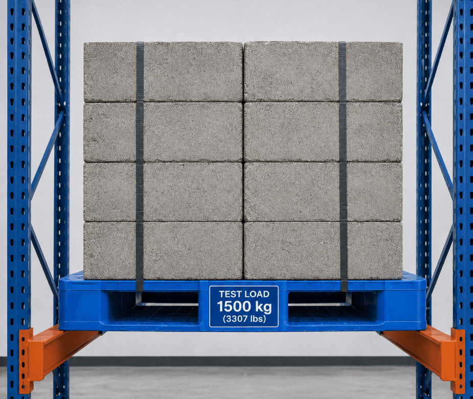 rackable plastic pallet racking load test on two rack beams