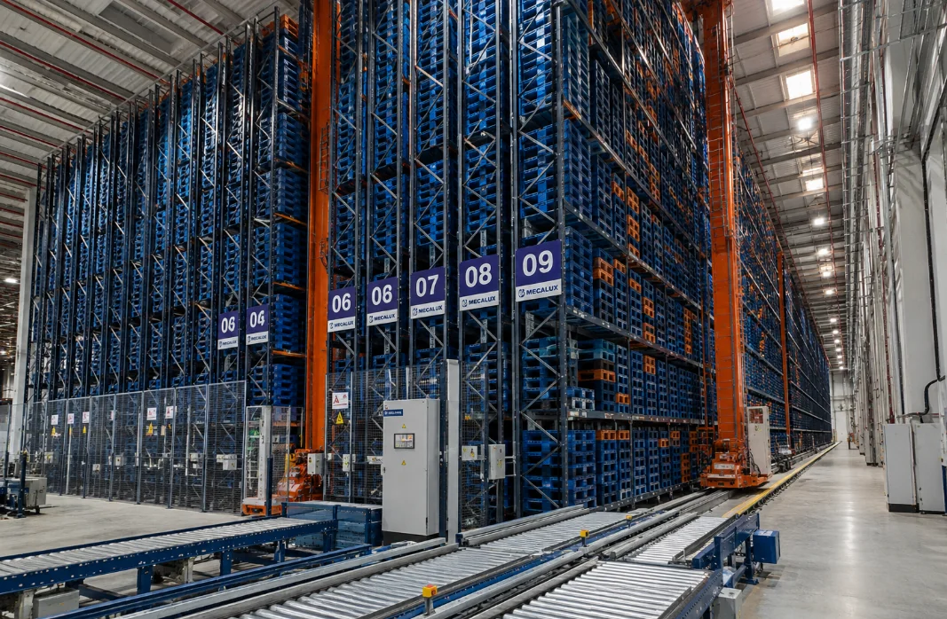 stacked plastic pallets in automated warehouse storage system