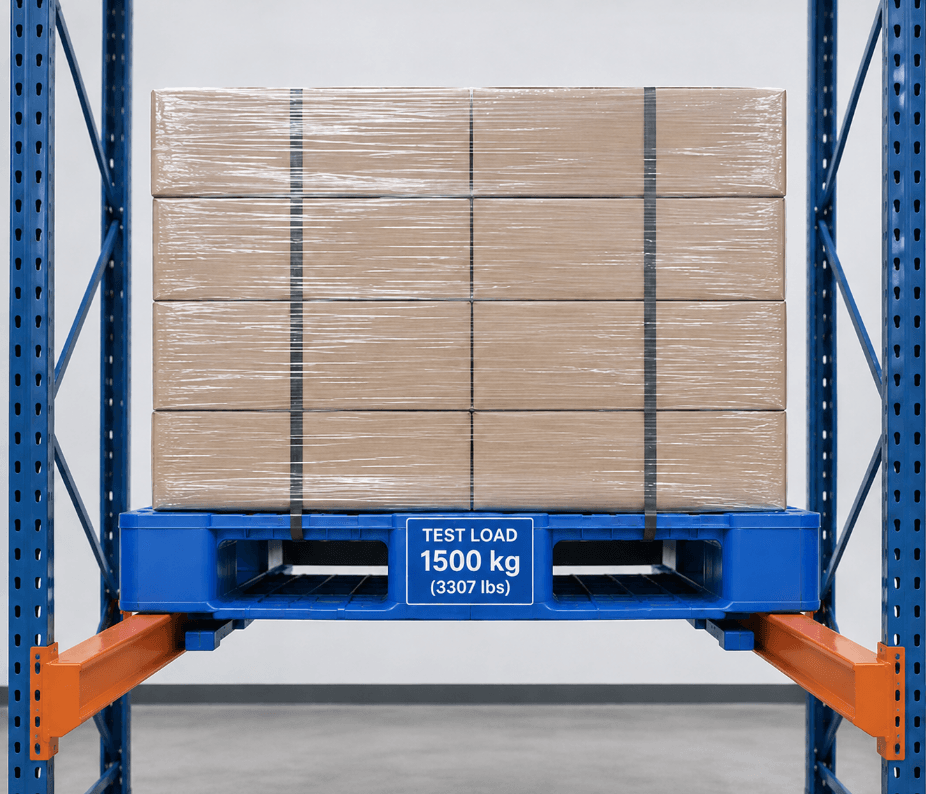 rackable plastic pallet loaded on rack beams for testing