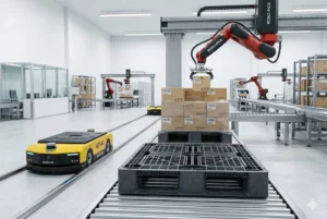automated smart warehouse with agv robot and robotic arm handling plastic pallets on conveyor line