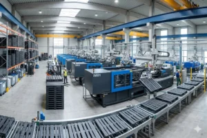 cnplast factory workshop producing three runner automated plastic pallets via injection molding machines