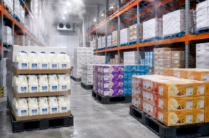 plastic pallets with milk and frozen food boxes in cold storage warehouse
